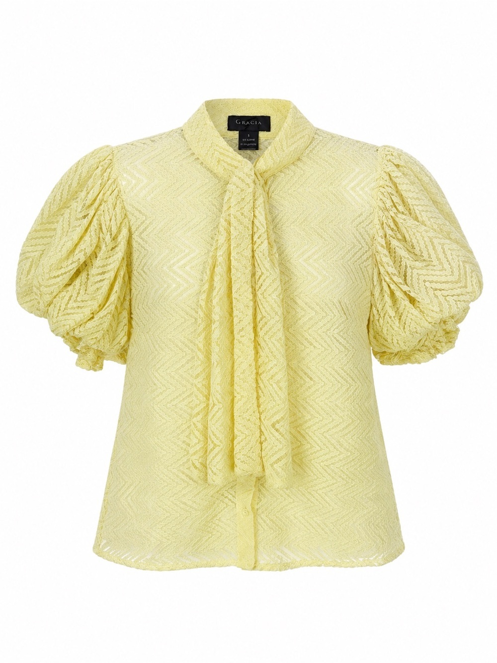 Gracia Lace Puff Sleeve Blouse Yellow Tie Neck Coquette Cottagecore Top S